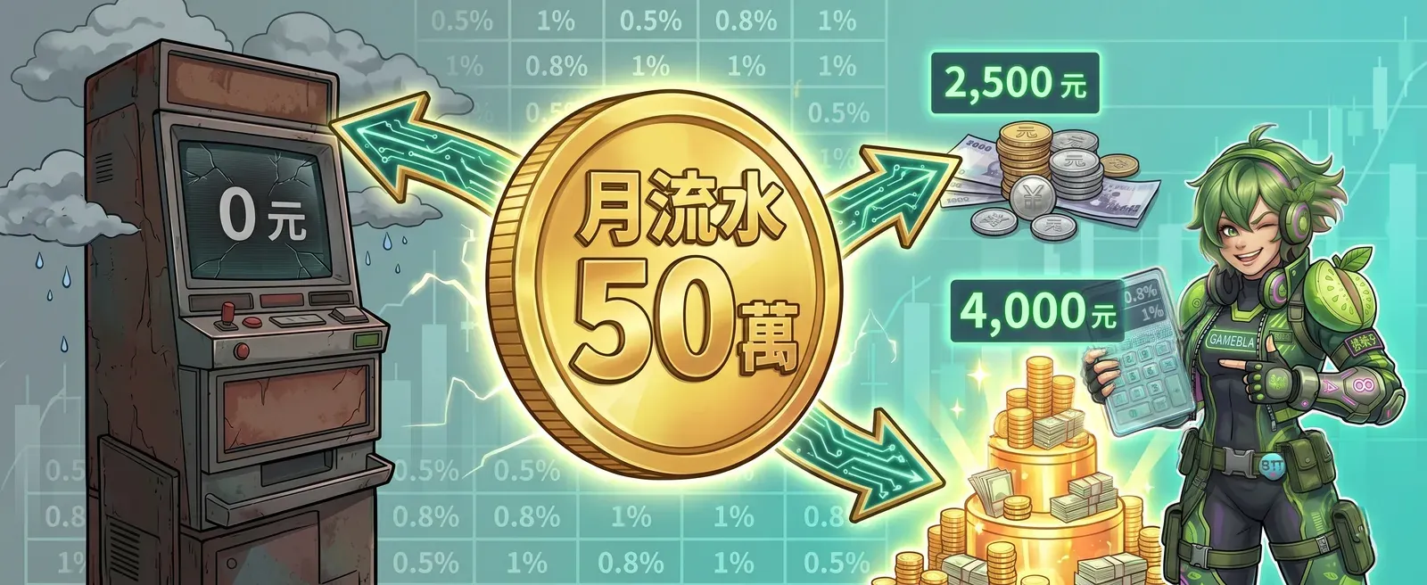 月流水 50 萬返水回饋差距視覺化：實體 0 元 vs VIP 4000 元