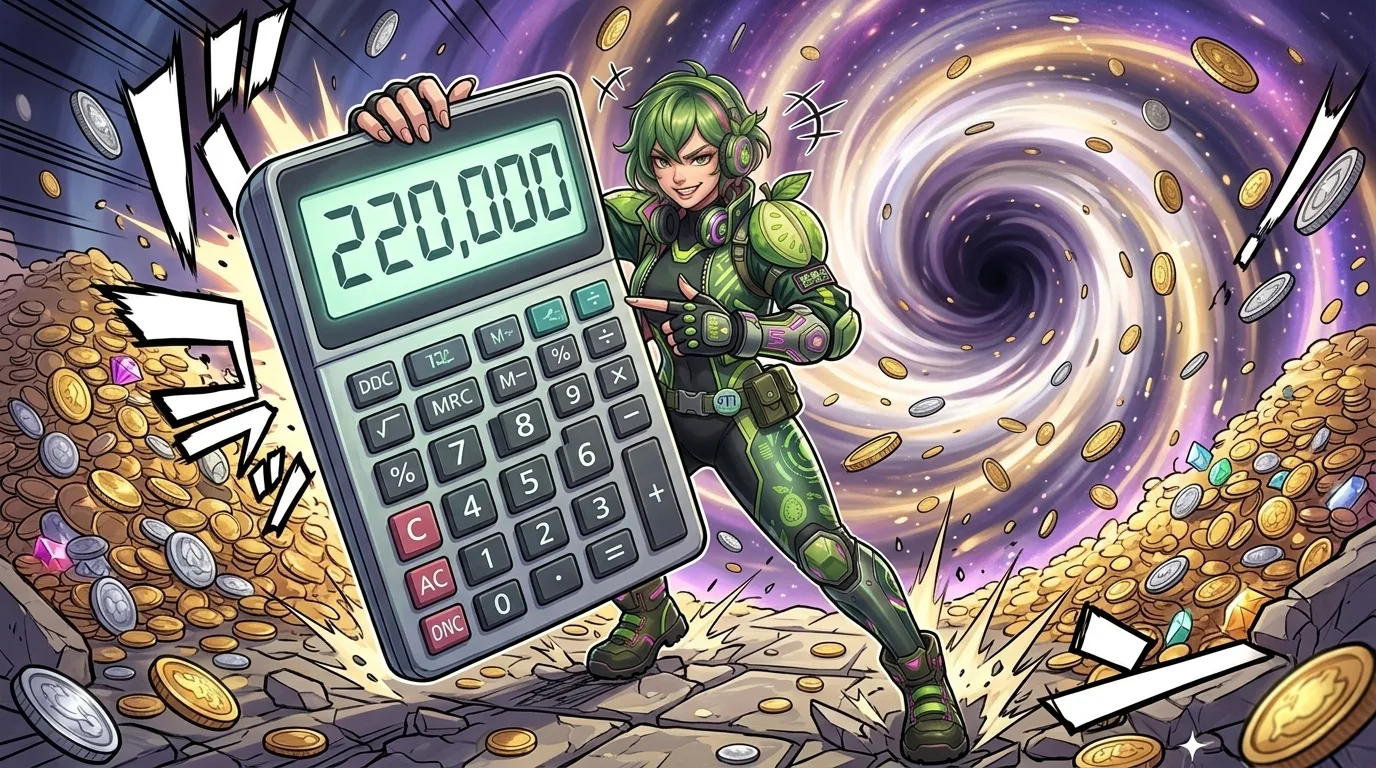 芭樂子舉起巨大計算機顯示220000，金幣被漩渦吸走——娛樂城流水打碼量教學封面圖
